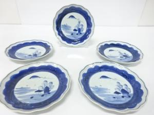 古伊万里　染付　墨はじき　山水模様　　七寸皿　5客